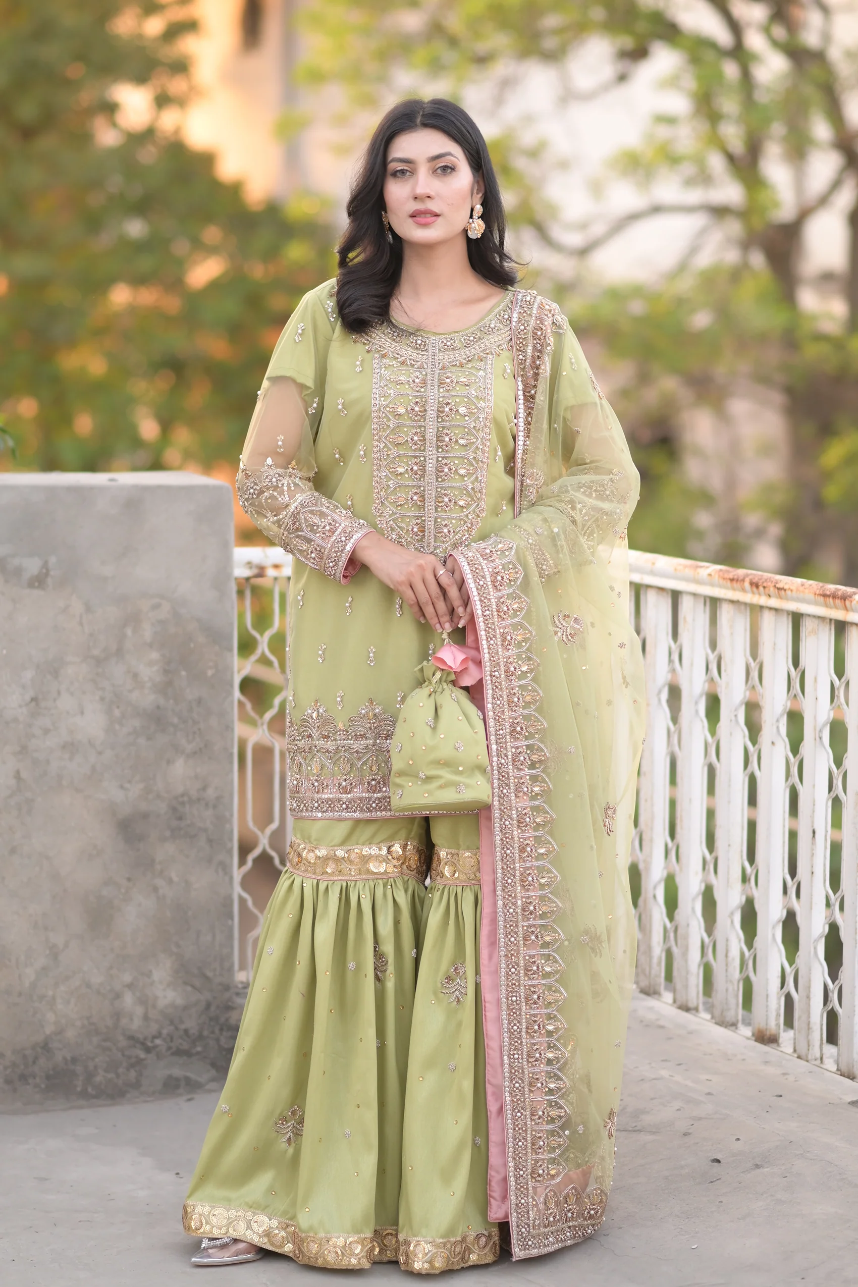 Pistachio Green Hand-Embellished Raw Silk & Net Gharara Set by Aura Designer Wear – Luxury Pakistani Formal Wear