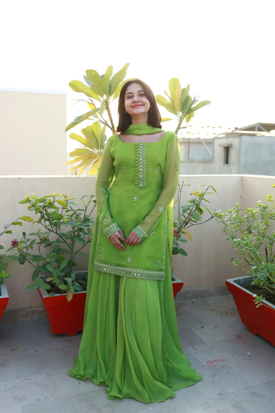 Solid Green Kurta Sharara Set with Dupatta for Women | Elegant Ethnic Wear